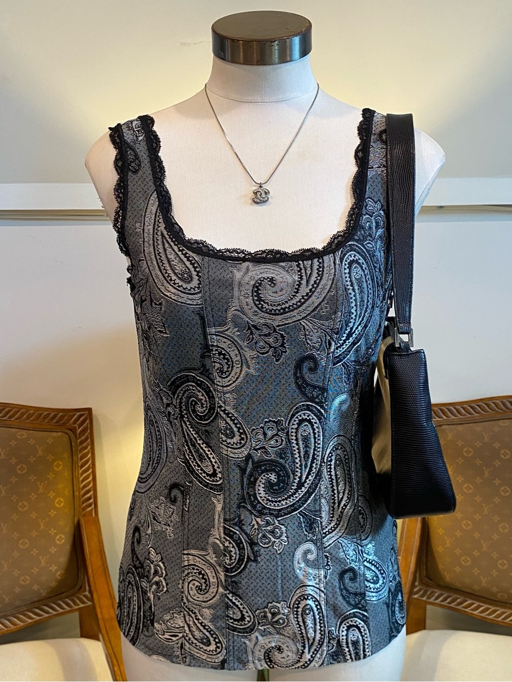 White House Black Market Black and Gray Paisley Lace-Trim Tank Top, Size Small